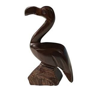 Hand Carved Flamingo Water Coastal Bird Smooth Finish Wood Sculpture Folk Art